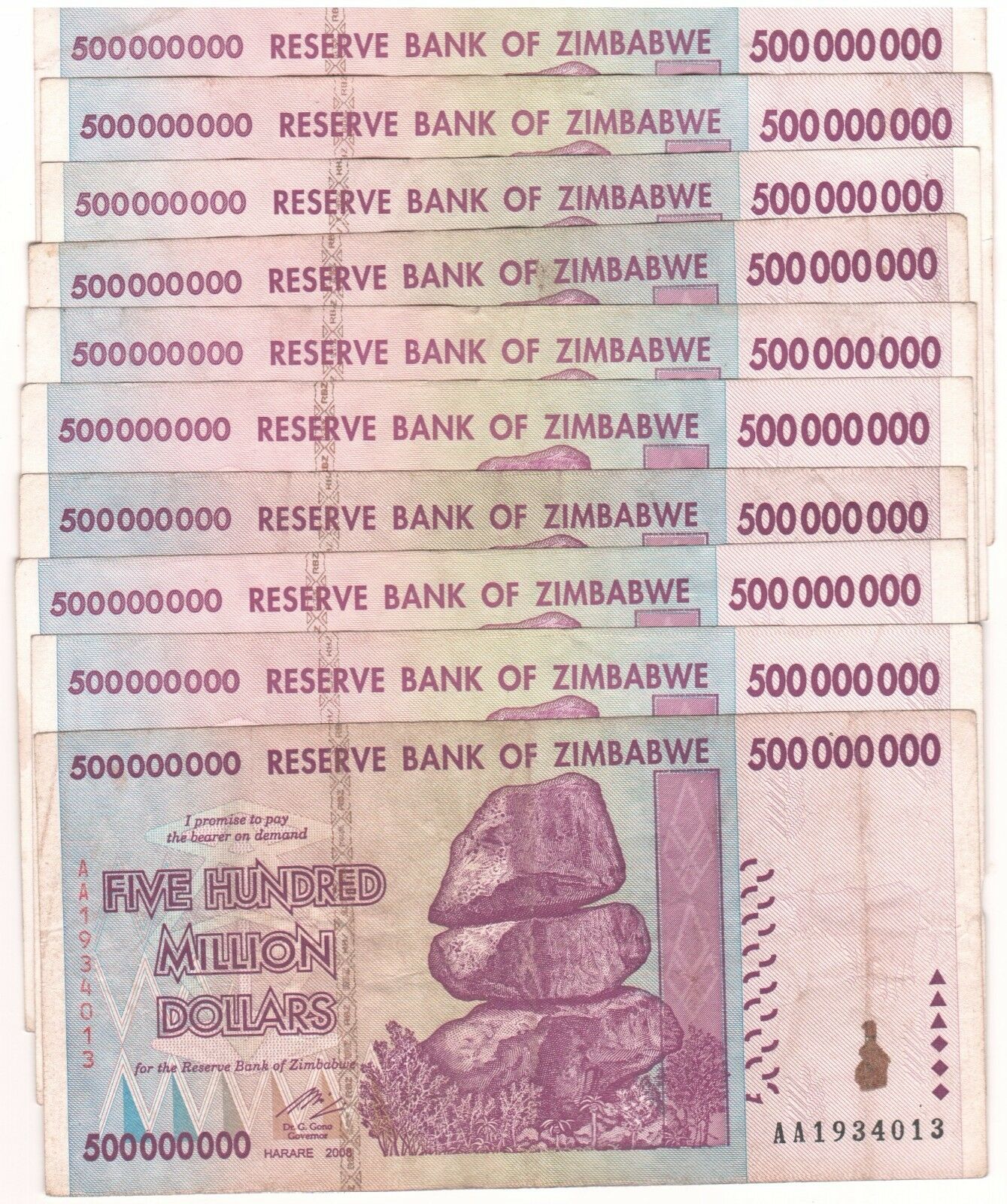 10 X Zimbabwe 500 Million Dollars Aa/ab 2008, 50&100 Trillion Series,circulated