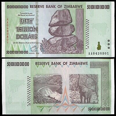 2008 50 Trillion Dollars Zimbabwe Banknote, Aa P-90 Gem Unc 100 Trillion Series