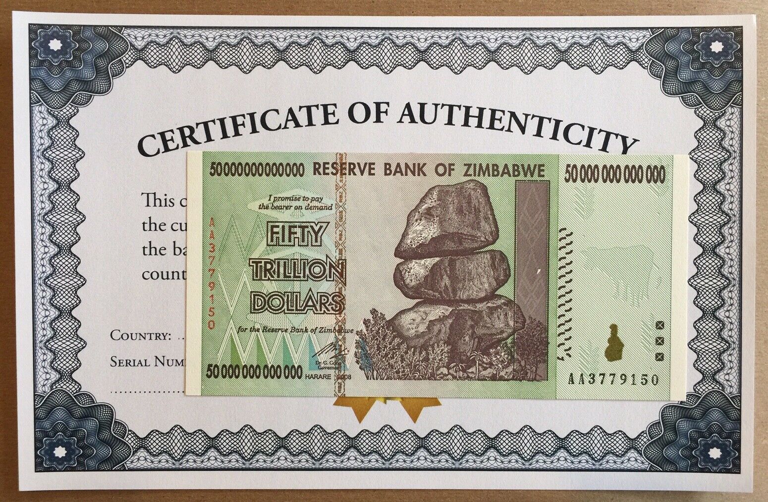 2008 50 Trillion Dollars Reserve Bank Zimbabwe Aa Series P90 Unc Coa Certificate
